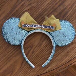Disney Blue Sequin Ears with Gold Bow
